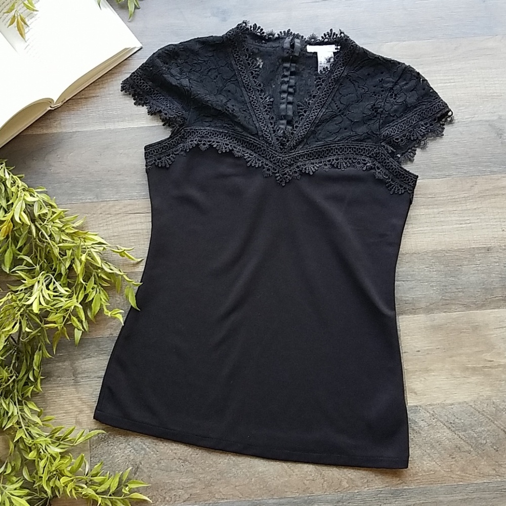• H&M • Black Lace Capped Sleeve Top